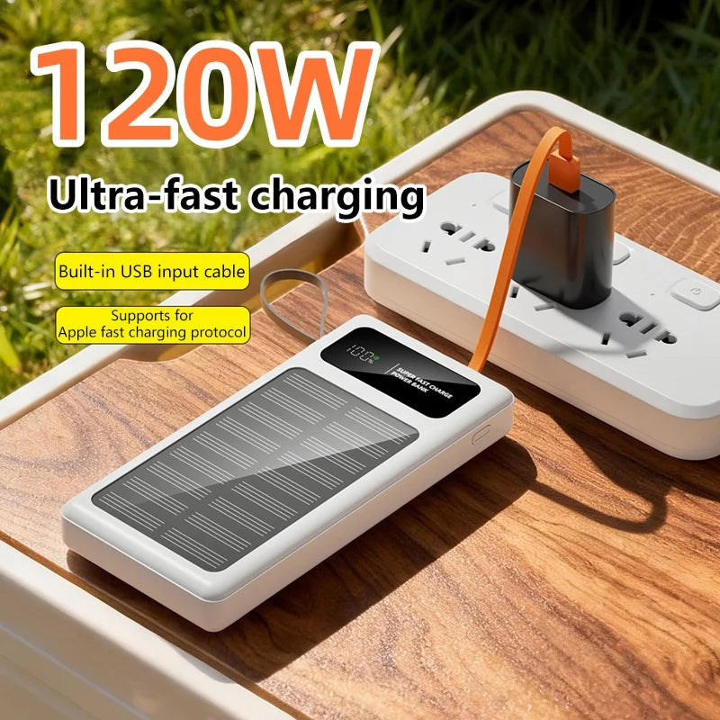 2026 New 500000mAh Solar PowerBank 120W Fast Charging Built-in 2 Cable PowerBank High Capacity Battery For iPhone Samsung Xiaomi