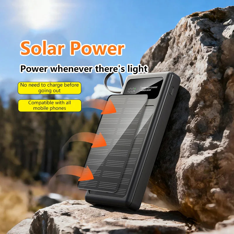 2026 New 500000mAh Solar PowerBank 120W Fast Charging Built-in 2 Cable PowerBank High Capacity Battery For iPhone Samsung Xiaomi