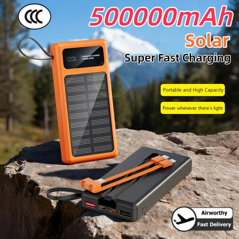 2026 New 500000mAh Solar PowerBank 120W Fast Charging Built-in 2 Cable PowerBank High Capacity Battery For iPhone Samsung Xiaomi