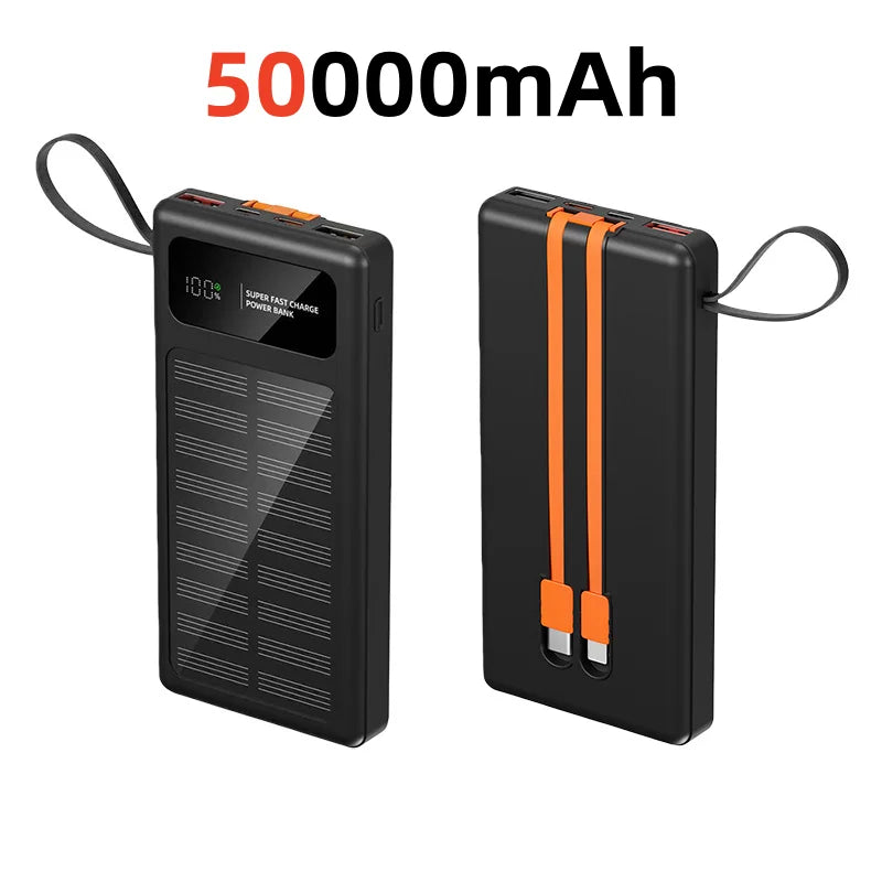 2026 New 500000mAh Solar PowerBank 120W Fast Charging Built-in 2 Cable PowerBank High Capacity Battery For iPhone Samsung Xiaomi