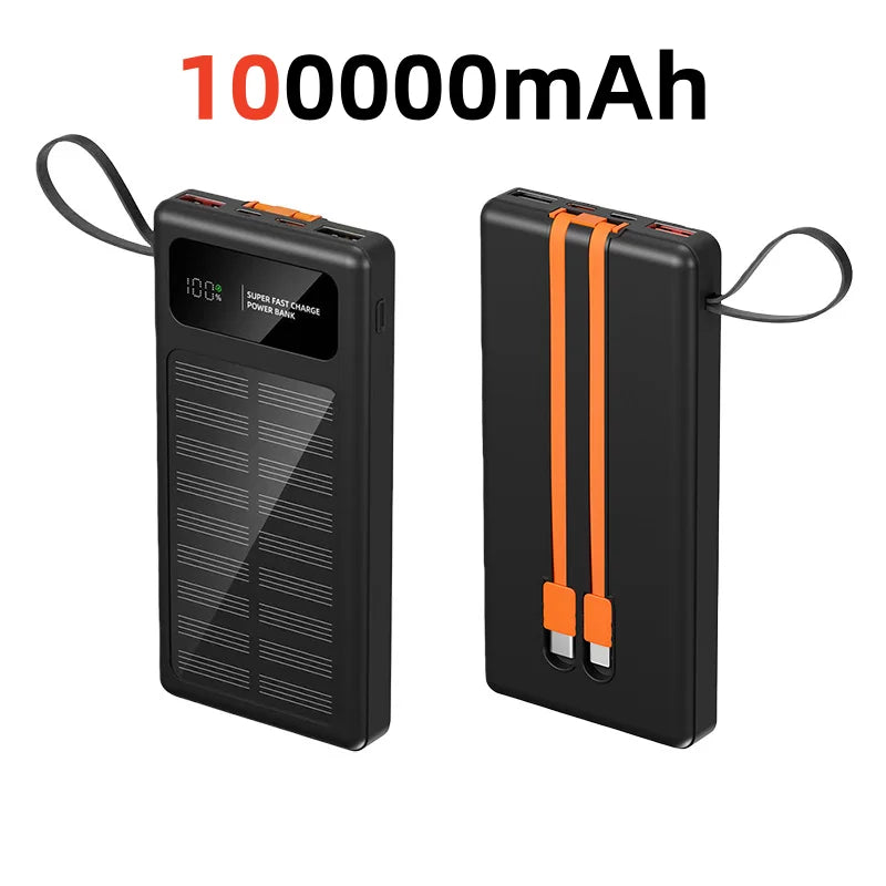 2026 New 500000mAh Solar PowerBank 120W Fast Charging Built-in 2 Cable PowerBank High Capacity Battery For iPhone Samsung Xiaomi